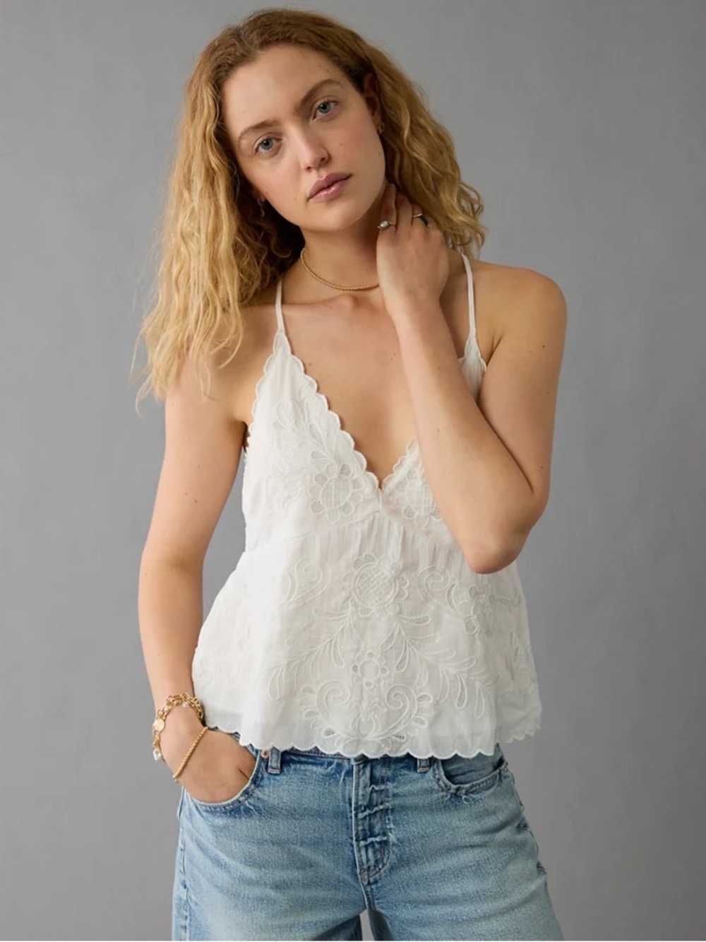 American Eagle Embroidered White Halter V Tie Neck Tank Top